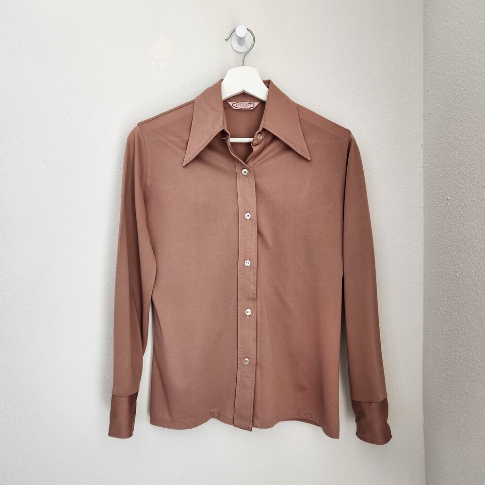 Vintage 70s City Slicks Tan Button Down Dagger Collared Blouse Long Sleeve S - Picture 8 of 8